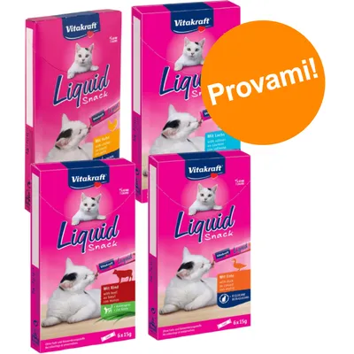 Quattro confezioni Vitakraft Liquid Snack per gatti, vari gusti: pollo, salmone, manzo, anatra. Testo arancione: Provami! Ogni confezione contiene 6x15g.