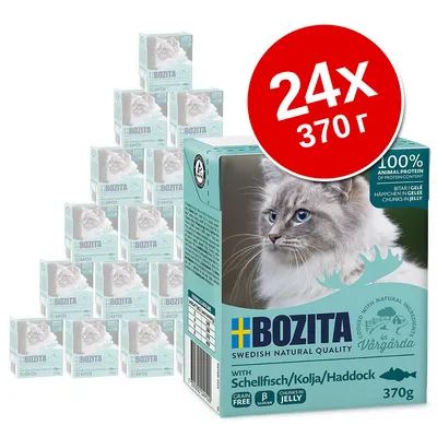 Bozita корм для кошек с хеком, 24 упаковки по 370 г. Видна надпись: 100% animal protein, grain free, B glucan, chunks in jelly. Изображение кошки на упаковке.