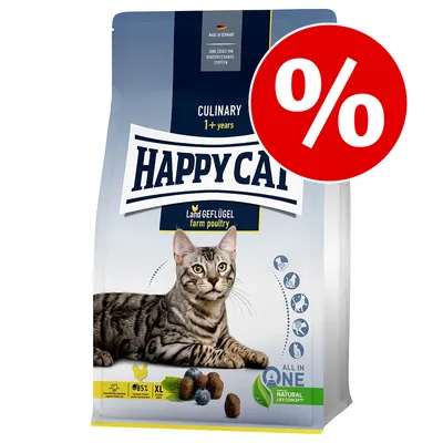 Pachet hrană uscată pentru pisici Happy Cat Culinary 1+ years, Land Geflügel farm poultry, promoție semnalată cu simbol procent roșu. Imagine cu pisică și crochete pe ambalaj.
