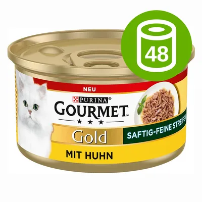 Purina Gourmet Gold mit Huhn, saftig-feine Streifen, opakowanie z białym kotem i zdjęciem karmy. Zielona ikona puszki z liczbą 48.