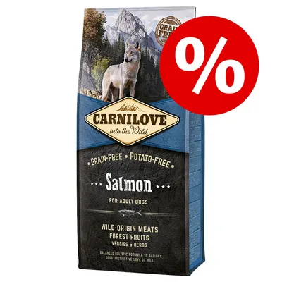 Опаковка Carnilove into the Wild Salmon за кучета, надпис Grain-Free, Potato-Free, Wild-Origin Meats, Forest Fruits, Veggies & Herbs, голям червен символ за отстъпка % Опаковка Carnilove into the Wild Salmon за кучета, надпис Grain-Free, Potato-Free, Wild-Origin Meats, Forest Fruits, Veggies & Herbs, голям червен символ за отстъпка %