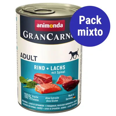 Lata de comida para perros Animonda GranCarno Adult, Rind + Lachs mit Spinat. Texto visible: 100 % frische Zutaten, ohne Getreide ohne Gluten, Made in Germany. Etiqueta: Pack mixto.
