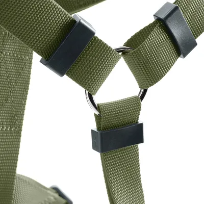 Close-up van een groen nylon tuigje met metalen ring en zwarte kunststof onderdelen voor bevestiging.