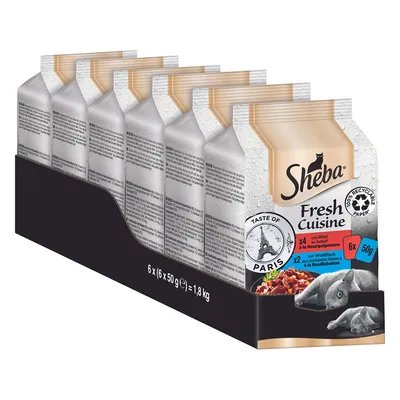 Sheba Fresh Cuisine Taste of Paris, 6 x 6 opakowań po 50 g, widoczne smaki: wołowina i białe ryby. Opakowanie z grafiką kota i wieży Eiffla.