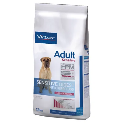 Virbac Adult Sensitive Sensitive Digest Neutered Dog Large & Medium, 12 kg. Obal s obrázkem psa a texty Veterinary HPM, VETERINARY NUTRITION.