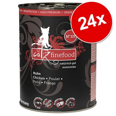 Консерва catz finefood No 103, Huhn (пиле), 24 броя. Видими надписи: monoprotein, high premium, grain free, 98 %, no added sugar, no animal testing, произведено в Германия.