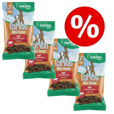 Fire poser Barkoo Mini Bones Beef with beetroot & nettles, 200 g, Grain Free Recipe, No added sugar. Rødt procenttegn indikerer tilbud eller rabat.