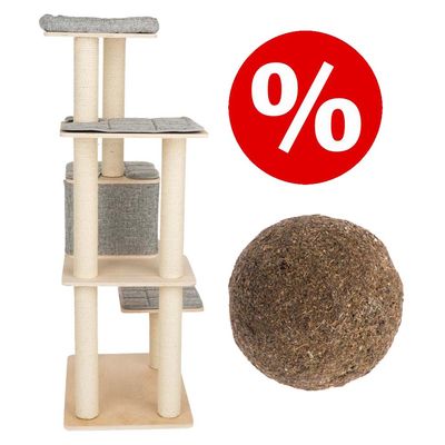 Sparset! Natural Catnip Ball Spielzeug + Modern Living Kratzbaum Havana Set : 1 Stück Natural Catnip Ball + hellgrau Kratzbaum Havana