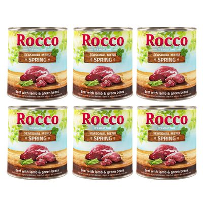 Lot de 6 boîtes Rocco Seasonal Menu Spring, bœuf avec agneau et haricots verts, texte visible en anglais et français sur l’étiquette, 800 g par boîte.
