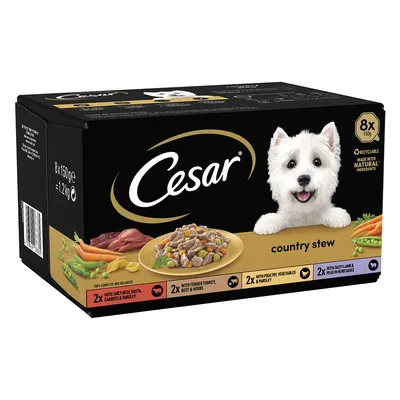 Cesar country stew multipack, 8 x 150g trays with natural ingredients. Includes beef pasta, turkey beef and herbs, poultry vegetables parsley, lamb peas in herb sauce.