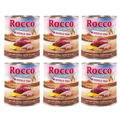 Lot de 6 boîtes Rocco World Trip, bœuf avec poulet, lentilles et mangue, 800 g. Texte visible : 'Beef with chicken, lentils & mango'. Marque Rocco.