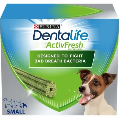 Dentalife ActivFresh daily oral care, designed to fight bad breath bacteria. Small size shown with product image and a dog illustration.