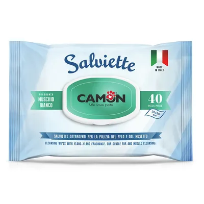 Camon почистващи кърпички с бял мускусен аромат, 40 броя, Made in Italy. Размер: 30x20 см. За нежно почистване на козина и муцуна.