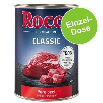 Rocco Classic Pure beef, 400 g. Texte visible : 100% fresh ingredients & grain-free recipe, Rind pur – Pur bœuf, Einzel-Dose. Image de morceaux de viande rouge sur l’étiquette.