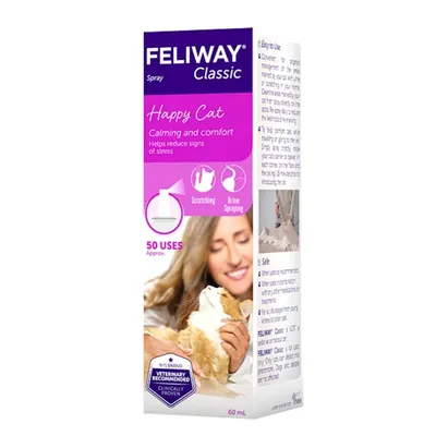 Feliway Classic spray box showing 'Happy Cat', calming and comfort, helps reduce signs of stress, for scratching and urine spraying, approximately 50 uses, 60ml, veterinary recommended.
