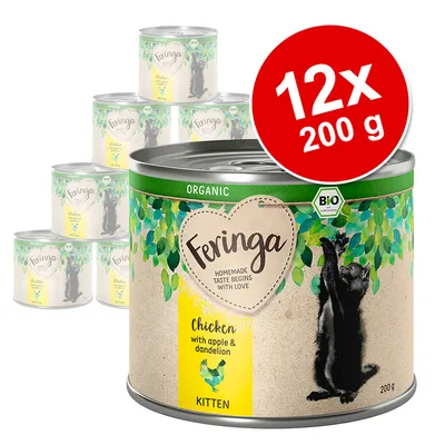 Feringa Organic Chicken with apple & dandelion Kitten, 12x200 g. Prikaz limenki s natpisom BIO i crnim mačićem na etiketi.