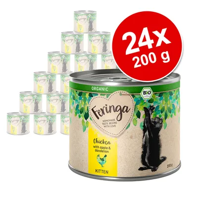 Feringa Organic Chicken with apple & dandelion Kitten, 24×200 g. Bio označení na obalu, obrázek černého kotěte pod stromem. Viditelný nápis: HOMEMADE TASTE BEGINS WITH LOVE. Feringa Organic Chicken with apple & dandelion Kitten, 24×200 g. Bio označení na obalu, obrázek černého kotěte pod stromem. Viditelný nápis: HOMEMADE TASTE BEGINS WITH LOVE.