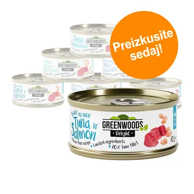 Več pločevink hrane za mačke Greenwoods Delight, spredaj Tuna 'n' Salmon 70 g, vidno: grain-free recipe, limited ingredients, 70% tuna fillet. Oranžni krog z besedilom: Preizkusite sedaj!