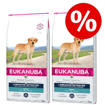 Zwei Säcke Eukanuba Breed Specific Labrador Retriever Adult Trockenfutter, 12 kg, mit großem Prozentzeichen für Rabattaktion.
