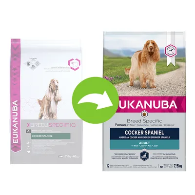 Porovnanie starého a nového balenia Eukanuba Breed Specific Cocker Spaniel, 7,5 kg. Na oboch obaloch je obrázok kokeršpaniela a názov produktu.