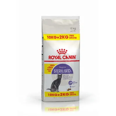 Royal Canin Sterilised 37 alimento para gatos, embalagem de 12 kg com 10 kg + 2 kg grátis. Para gatos esterilizados. Com imagem de um gato cinzento e croquetes.