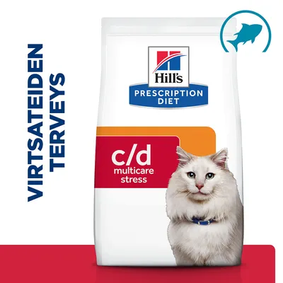 Hill's Prescription Diet c/d multicare stress -ruokapakkaus, teksti: VIRTSATEIDEN TERVEYS, kalan kuva oikeassa yläkulmassa. Hill's Prescription Diet c/d multicare stress -ruokapakkaus, teksti: VIRTSATEIDEN TERVEYS, kalan kuva oikeassa yläkulmassa.
