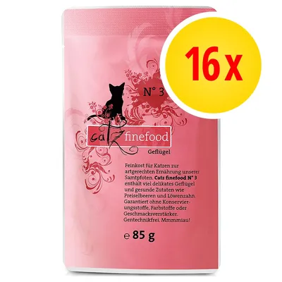 Catz finefood N° 3 Geflügel, 16 x 85 g. Tekst på tysk: uden konserveringsstoffer, farvestoffer eller smagsforstærkere, glutenfri, med tranebær og mælkebøtte. Catz finefood N° 3 Geflügel, 16 x 85 g. Tekst på tysk: uden konserveringsstoffer, farvestoffer eller smagsforstærkere, glutenfri, med tranebær og mælkebøtte.