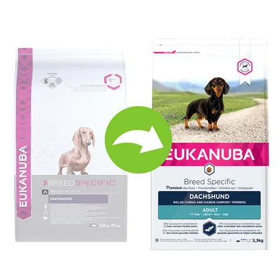 EUKANUBA Breed Specific Dachshund -koiranruokapakkauksen ulkoasun muutos, vasemmalla vanha ja oikealla uusi pakkaus, molemmissa näkyy mäyräkoira ja tuotetiedot. EUKANUBA Breed Specific Dachshund -koiranruokapakkauksen ulkoasun muutos, vasemmalla vanha ja oikealla uusi pakkaus, molemmissa näkyy mäyräkoira ja tuotetiedot.