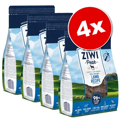 Lot de 4 sacs Ziwi Peak Lamb Recipe, texte visible : 96 % viande, organes et moules vertes, air-dried, free-range, no grains, raised without added hormones, New Zealand.