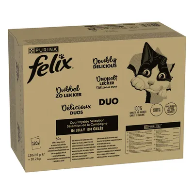 Purina Felix Dupla Finomság Duo Countryside Selection aszpikban, 120x85 g, 100%-ban teljes értékű és kiegyensúlyozott, omega-6 zsírsavakat és vitaminokat tartalmaz. Csomagoláson macska látható. Purina Felix Dupla Finomság Duo Countryside Selection aszpikban, 120x85 g, 100%-ban teljes értékű és kiegyensúlyozott, omega-6 zsírsavakat és vitaminokat tartalmaz. Csomagoláson macska látható.