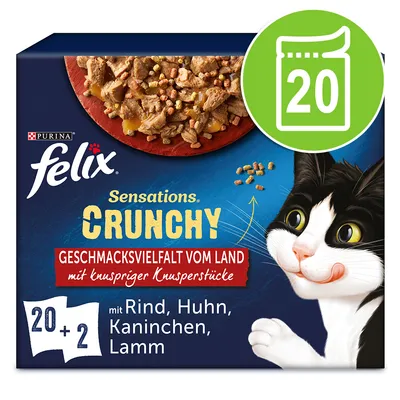 Purina Felix Sensations Crunchy, Geschmacksvielfalt vom Land mit knuspriger Knusperstücke. 20+2 Portionen, mit Rind, Huhn, Kaninchen, Lamm.