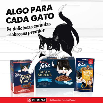 Purina Felix comida y snacks para gatos: Soup Time, Tasty Shreds, Party Mix. Texto: 'Algo para cada gato. Desde deliciosas comidas hasta sabrosos premios.'