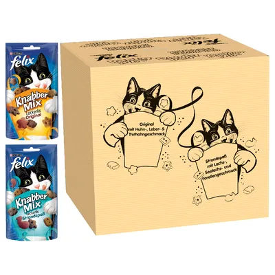 Felix Knabber Mix Leckerlis Original mit Huhn, Leber & Truthahngeschmack und Strandspass mit Lachs-, Seelachs- und Forellengeschmack. Verpackung mit Katzenmotiv.