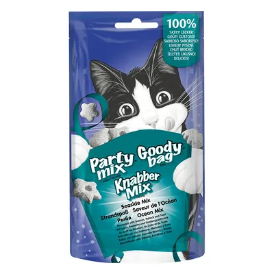 Party Mix Goody Bag Knabber Mix, Seaside Mix mit Aromen von Lachs, Kabeljau und Forelle. 100% lecker. Verpackung zeigt schwarz-weisse Katze.