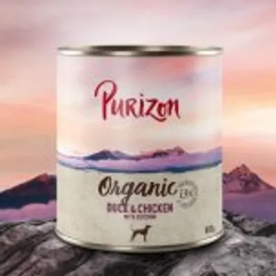 Purizon Organic Duck & Chicken met pompoen, blik hondenvoer, 400g. Tekst: 'Organic', 'BIO', afbeelding van hondensilhouet zichtbaar op het etiket.