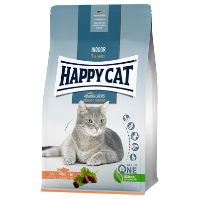 Happy Cat Indoor 1+ years, Atlantik Lachs atlantic salmon. Tørfoder til kat med billede af grå kat på posen. All in One, Natural Life Concept, uden konserveringsstoffer.