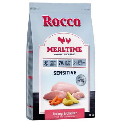 Rocco Mealtime Sensitive krmivo pro psy, bezobilná receptura, 7 % živočišných složek, bohaté na čerstvého krocana, příchuť: krůta a kuře, 12 kg.