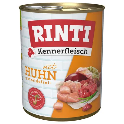 RINTI Kennerfleisch s kuřetem, bez obilovin. RINTI od roku 1926 Original. Zobrazeno: kousky masa a ingredience.