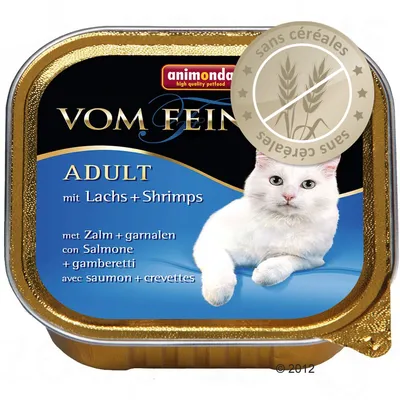 animonda VOM FEINSTEN ADULT avec saumon + crevettes, sans céréales, pâtée pour chat adulte. Texte visible en plusieurs langues sur l’emballage.