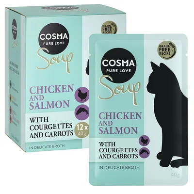 Икономична опаковка Cosma Soup 24 x 40 г - пилешко филе и сьомга с тиквички и моркови
