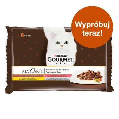 Purina Gourmet A la Carte, 4 x 85 g. Opakowanie z białym kotem i zdjęciem kawałków karmy na talerzu. Pomarańczowe koło z napisem: Wypróbuj teraz! Purina Gourmet A la Carte, 4 x 85 g. Opakowanie z białym kotem i zdjęciem kawałków karmy na talerzu. Pomarańczowe koło z napisem: Wypróbuj teraz!