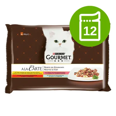 Purina Gourmet A la Carte, 4 x 85 g. Na opakowaniu biały kot i zdjęcie dania. Zielona ikona z liczbą 12 w prawym górnym rogu.