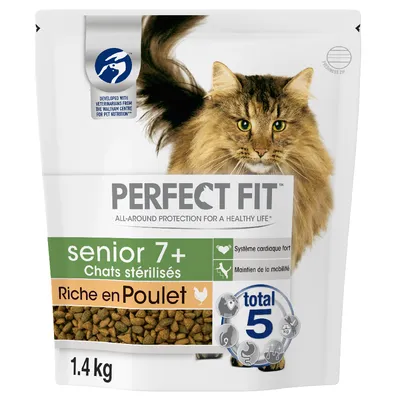 Perfect Fit senior 7+ Chats stérilisés Riche en Poulet, crocchette per gatti sterilizzati anziani, peso 1,4 kg. Testo in francese: Système cardiaque fort, Maintien de la mobilité, total 5.