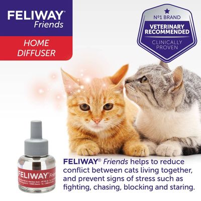 FELIWAY Friends Home Diffuser helps reduce conflict between cats living together and prevents stress signs like fighting, chasing, blocking and staring. Veterinary recommended, clinically proven.