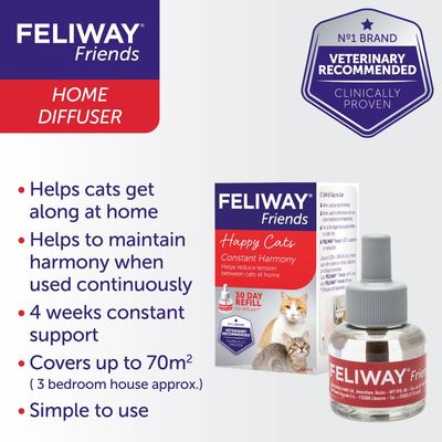 Feliway Friends Home Diffuser helps cats get along, maintain harmony with continuous use, offers 4 weeks support, covers up to 70m², and is simple to use. Veterinary recommended.