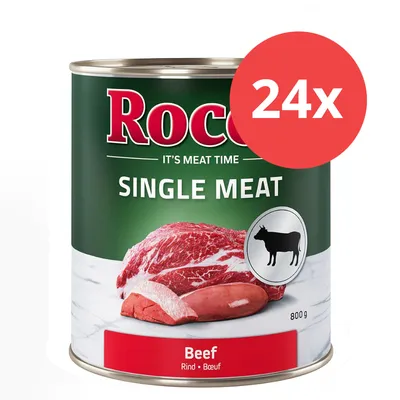Rocco Single Meat vacuno, 24x800g latas. Imagen de carne cruda y símbolo de vaca. Rocco Single Meat vacuno, 24x800g latas. Imagen de carne cruda y símbolo de vaca.