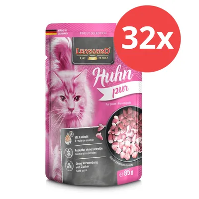 Leonardo Cat Food Huhn pur, Made in Germany, mit Lachsöl, Rezeptur ohne Getreide, ohne Verwendung von Zucker, Super Premium Quality, 85g, Packung mit 32 Stück.