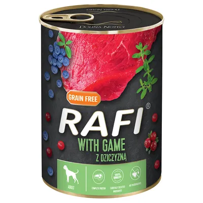 Boîte de nourriture pour chien adulte RAFI with game, grain free, avec images de viande, myrtilles et canneberges. Texte visible : complete protein, carefully selected ingredients, no preservatives. Boîte de nourriture pour chien adulte RAFI with game, grain free, avec images de viande, myrtilles et canneberges. Texte visible : complete protein, carefully selected ingredients, no preservatives.