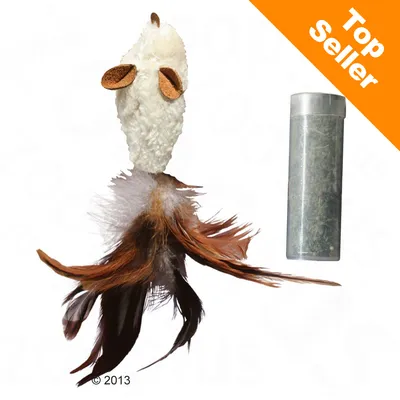 Jouet pour chat en tissu blanc avec oreilles marron et plumes brunes, accompagné d’un tube transparent rempli d’herbe. Bandeau orange en haut à droite : Top Seller.