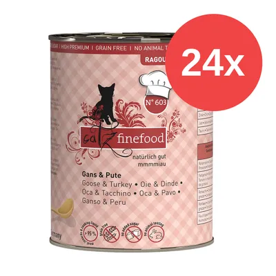 Catz Finefood Ragout Nr. 603, gęś i indyk, 24x puszki, High Premium, bez zbóż, bez testów na zwierzętach, bez dodatku cukru, 95% mięsa, wyprodukowano w Niemczech.